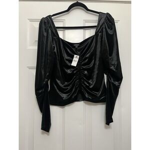 Express Black Velvet Ruched Puff Sleeve Top Large Sweetheart Whimsigoth Romantic